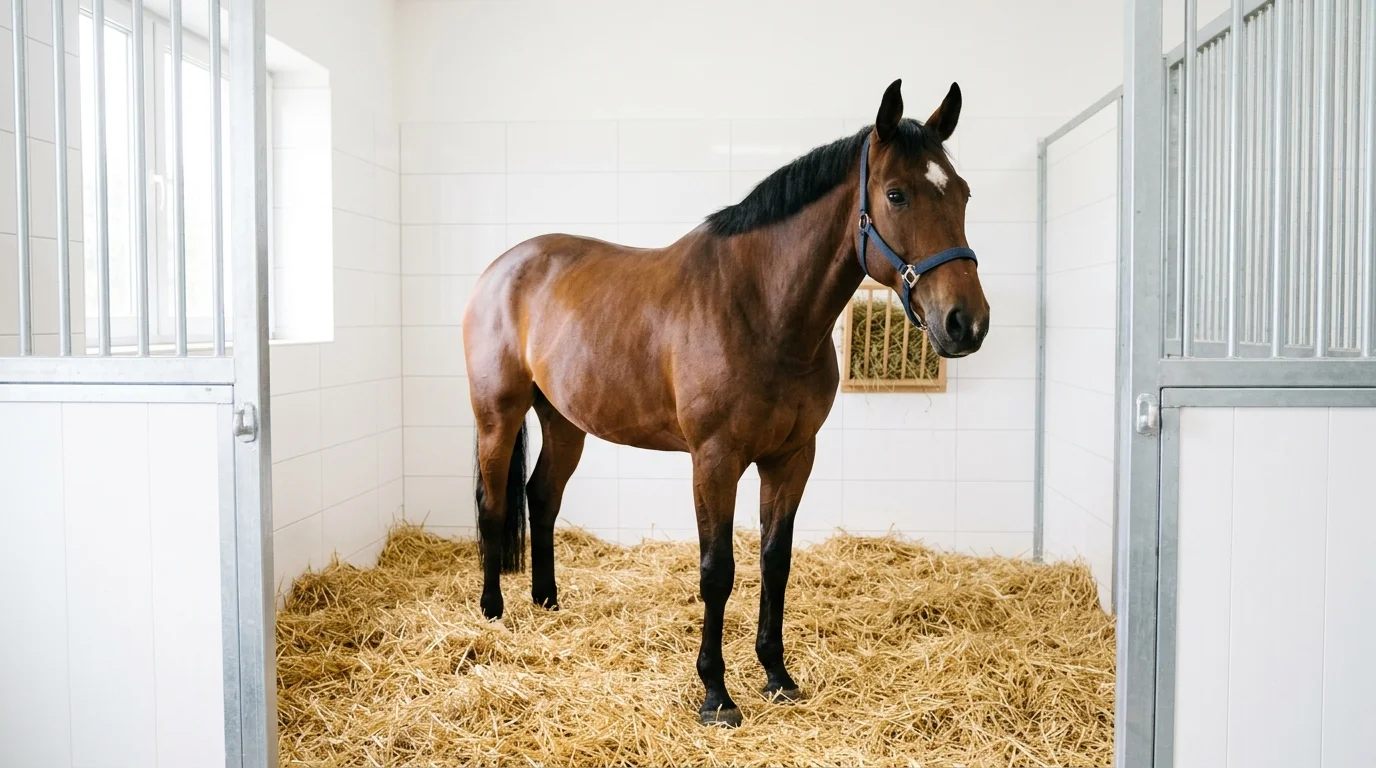 Pferd in einer Klinik-Box mit Bauchgurt nach einer Kolik-Operation
