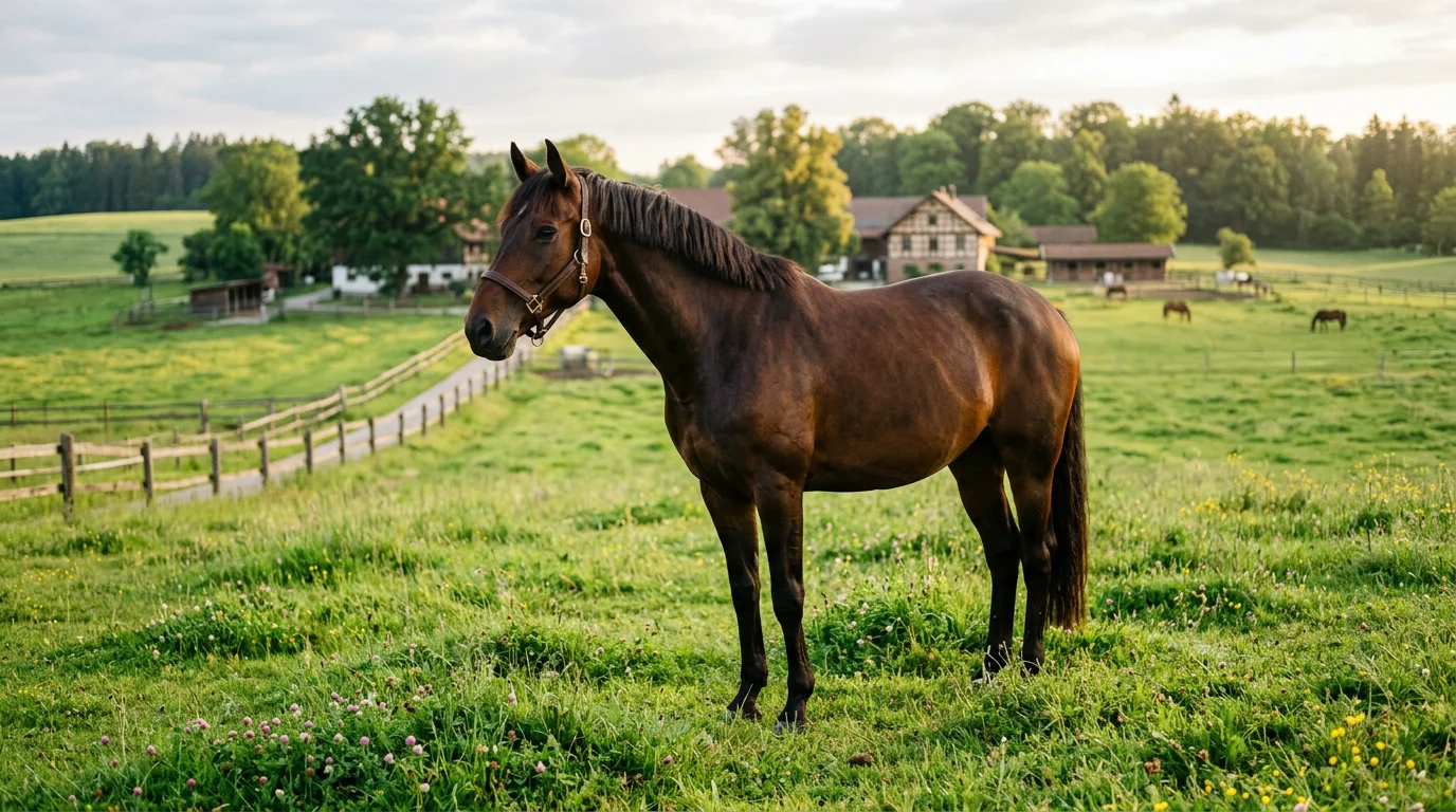 Pferd auf der Koppel mit Reiter im Hintergrund – Pferde-OP-Versicherung im Ratgeber erklärt